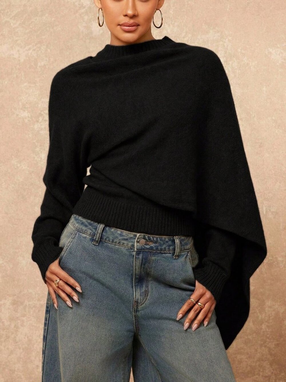 Black Elegant Women's Casual Turtleneck Sweater with Cape